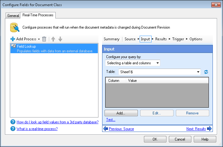 Real-Time Processes tab in the Configure Fields for Document Class dialog box