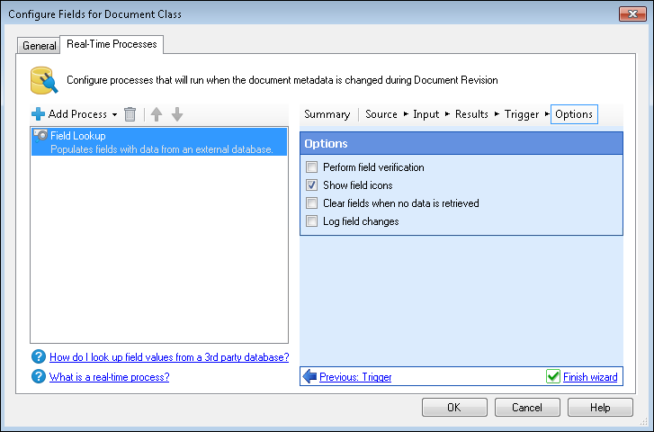 Real-Time Processes tab in the Configure Fields for Document Class dialog box