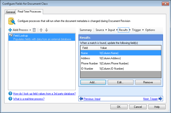 Real-Time Processes tab in the Configure Fields for Document Class dialog box