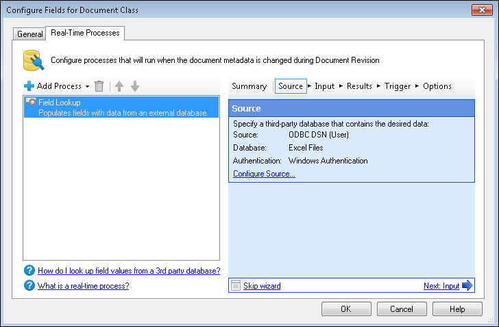 Real-Time Processes tab in the Configure Fields for Document Class dialog box