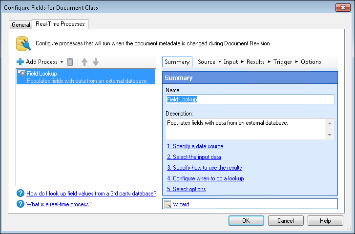 Real-Time Processes tab of the Configure Fields for Document Class dialog box