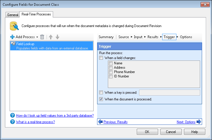 Real-Time Processes tab in the Configure Fields for Document Class dialog box