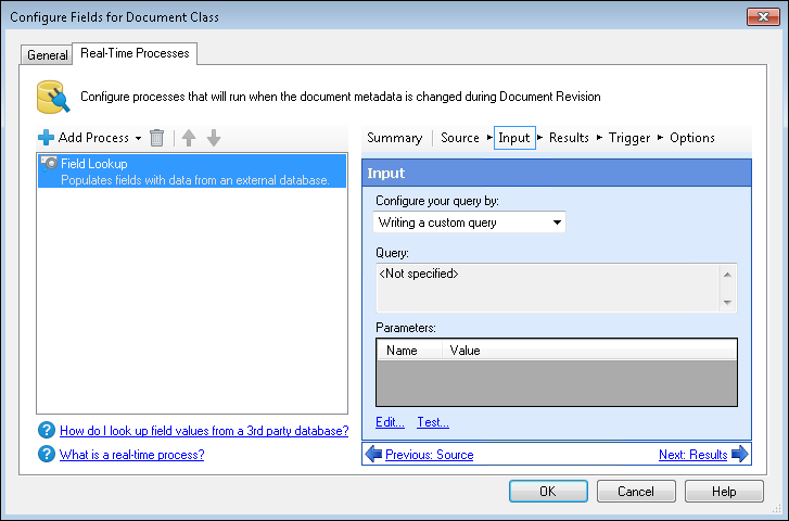 Real-Time Processes tab in the Configure Fields for Document Class dialog box