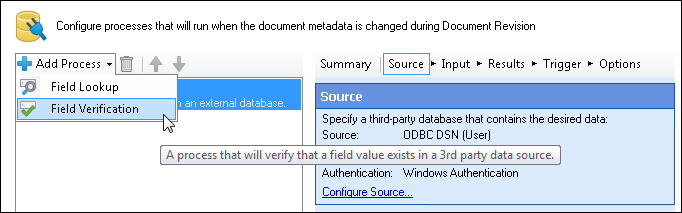 Real-Time Processes tab of the Configure Fields for Document Class dialog box