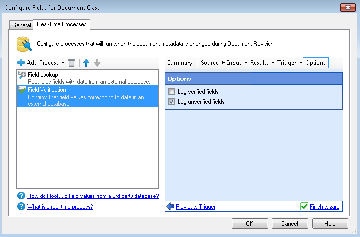 Real-Time Processes tab of the Configure Fields for Document Class dialog box