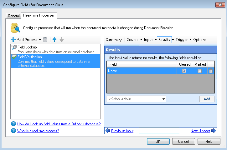 Real-Time Processes tab of the Configure Fields for Document Class dialog box