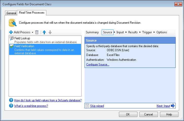 Real-Time Processes tab of the Configure Fields for Document Class dialog box