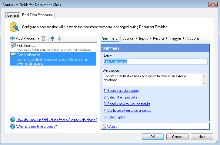 Real-Time Processes tab of the Configure Fields for Document Class dialog box