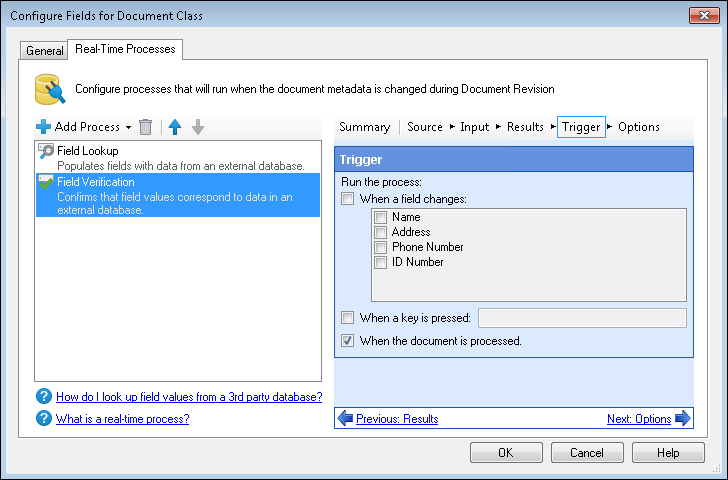 Real-Time Processes tab of the Configure Fields for Document Class dialog box