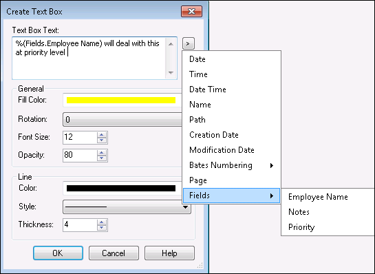 Dialog of adding a field token