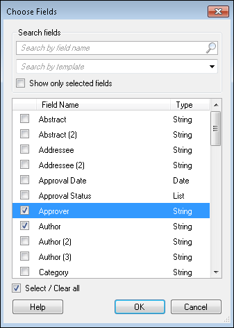 Choose Fields dialog box