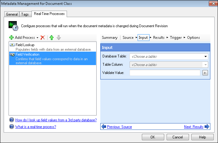 Real-Time Processes tab of the Configure Fields for Document Class dialog box