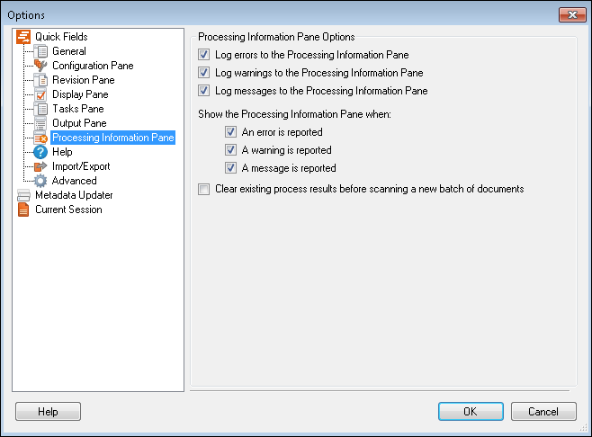 Quick Fields Processing Information Pane