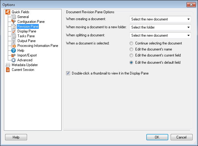 Quick Fields Revision Pane Options