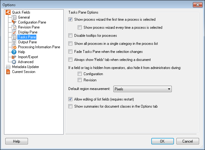 Quick Fields Tasks Pane Options