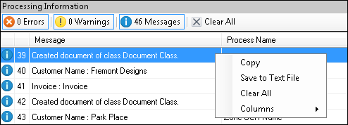 Processing Information Pane Context Menu