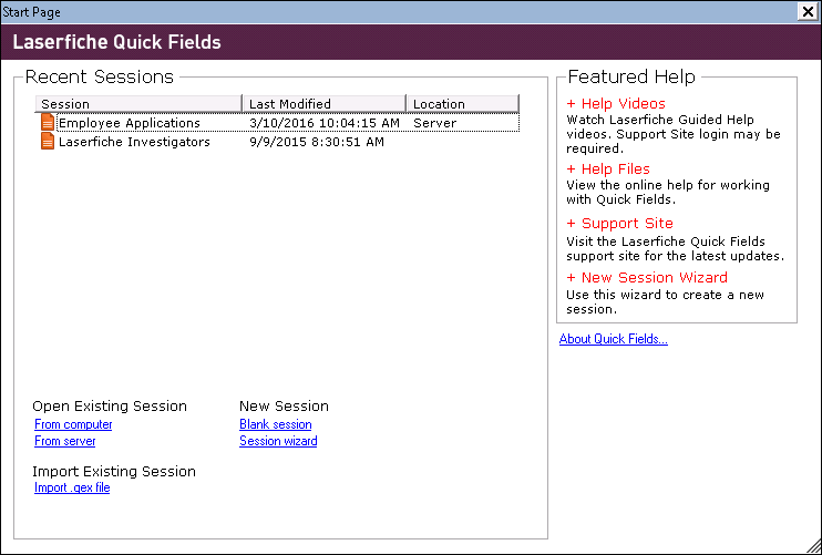 Quick Fields Start Page