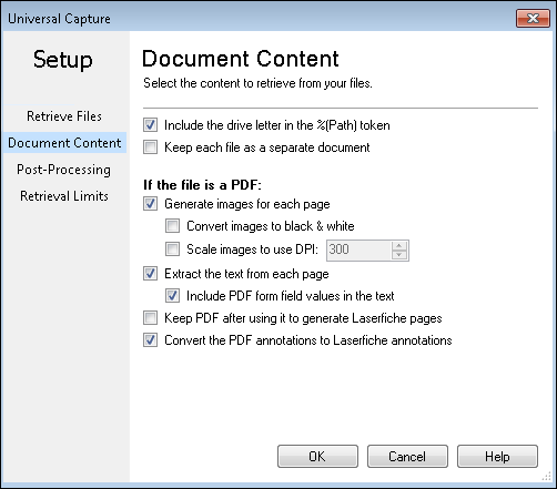 Document Content section of the Universal Capture dialog box