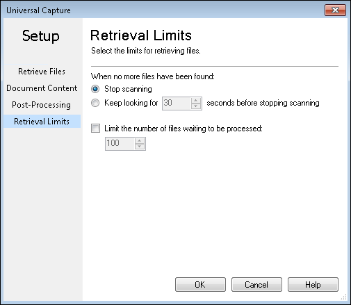 Retrieval Limits section of the Universal Capture dialog box