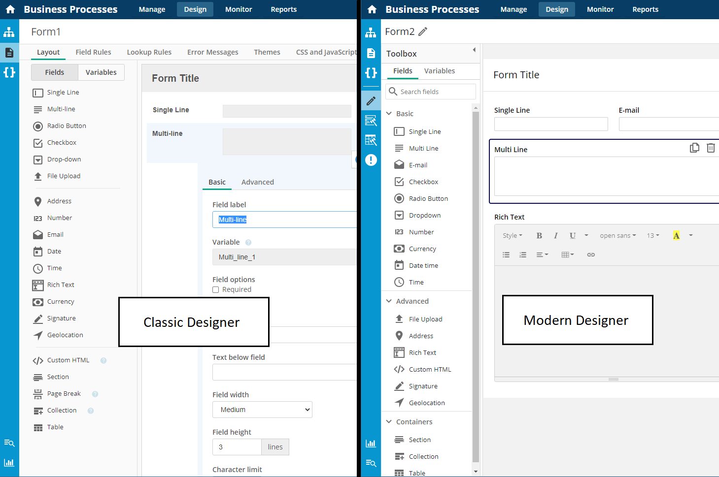 Comparison of Classic and Modern layout of the form designer