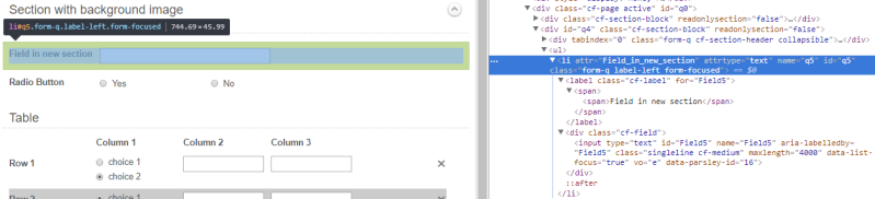 Using Chrome's Developer Tools to view the HTML element corresponding to a form field.