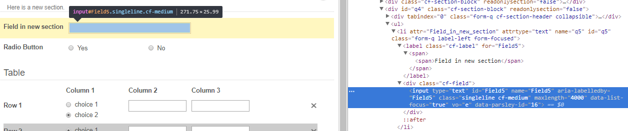 The code corresponding to a field's input box, as seen in Chrome's Developer Tools.