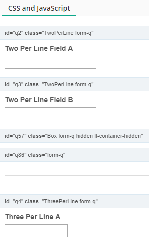 The right pane of the CSS and Javascript tab displays IDs and classes for each field.