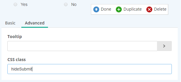 Assigning the custom CSS class hideSubmit to the radio button field.