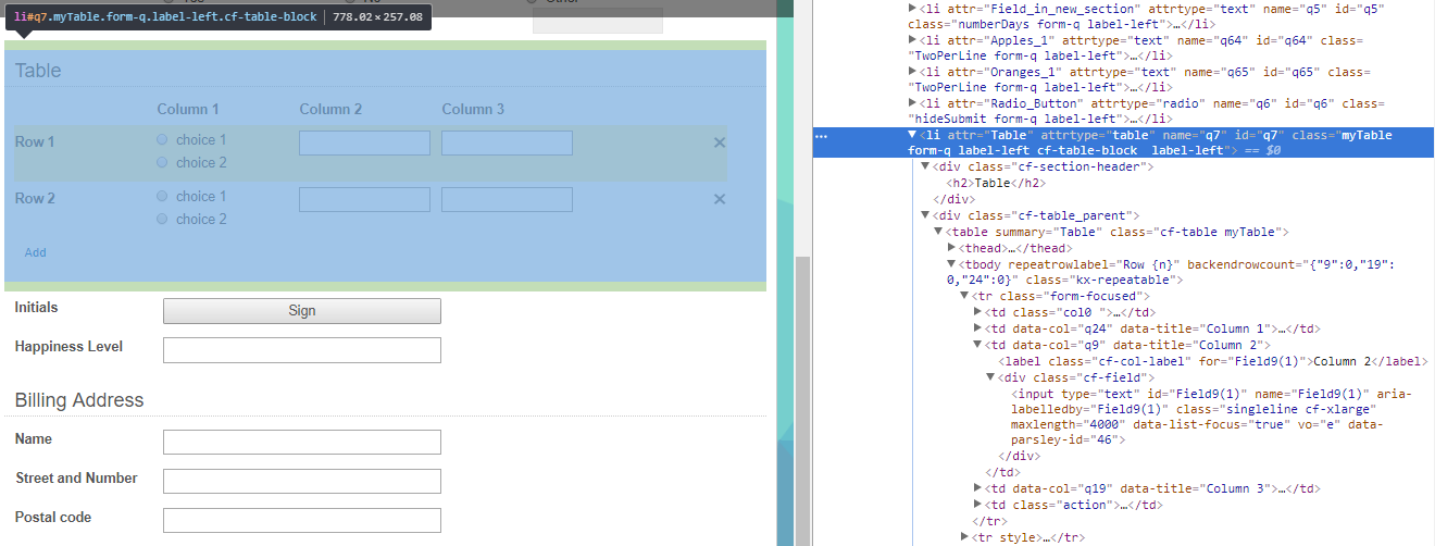 The HTML li element corresponding to an entire table.