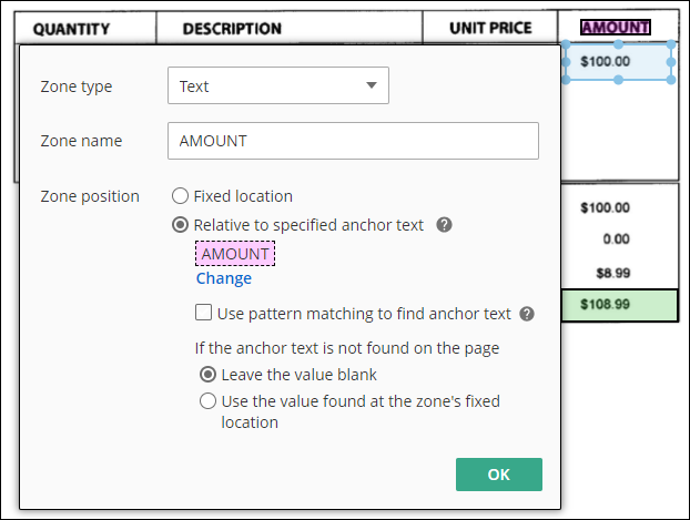 Draw a box around the information you want to capture and anchor it to another bit of text on the page.