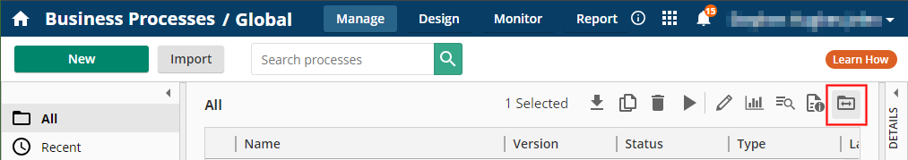 The Global Manage processes window header showing the Migrate button.