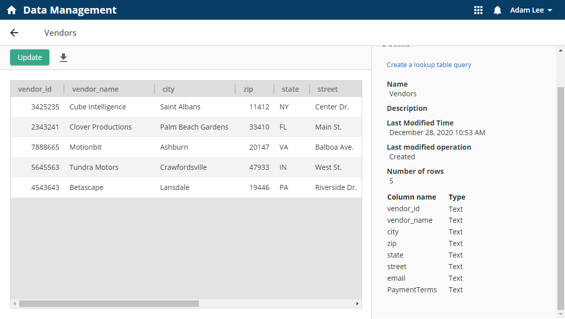 Sample vendor lookup table