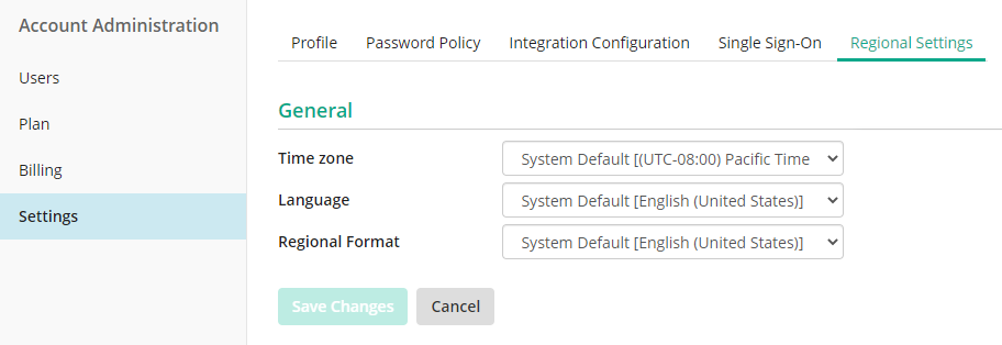 screenshot of Laserfiche Cloud regional settings tab