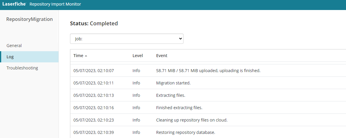 Screenshot of Repository Import Monitor log tab