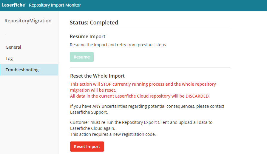 Screenshot of Repository Import Monitor troubleshooting tab