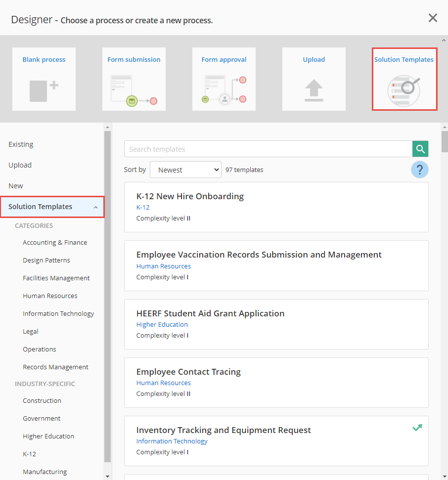 Solution Templates selection dialog