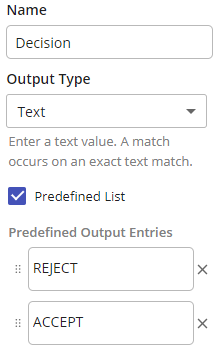 screenshot of output entry order for Decision column