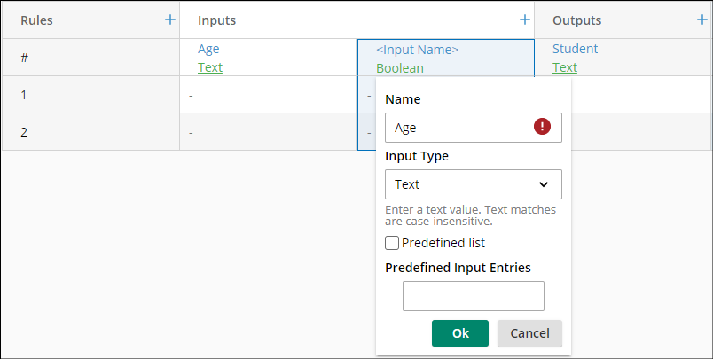 Example of a duplicate input name error in a Rules Decision Table.