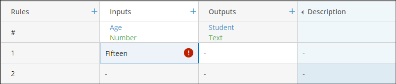 Example of an data mismatch field error in a Rules Decision Table.