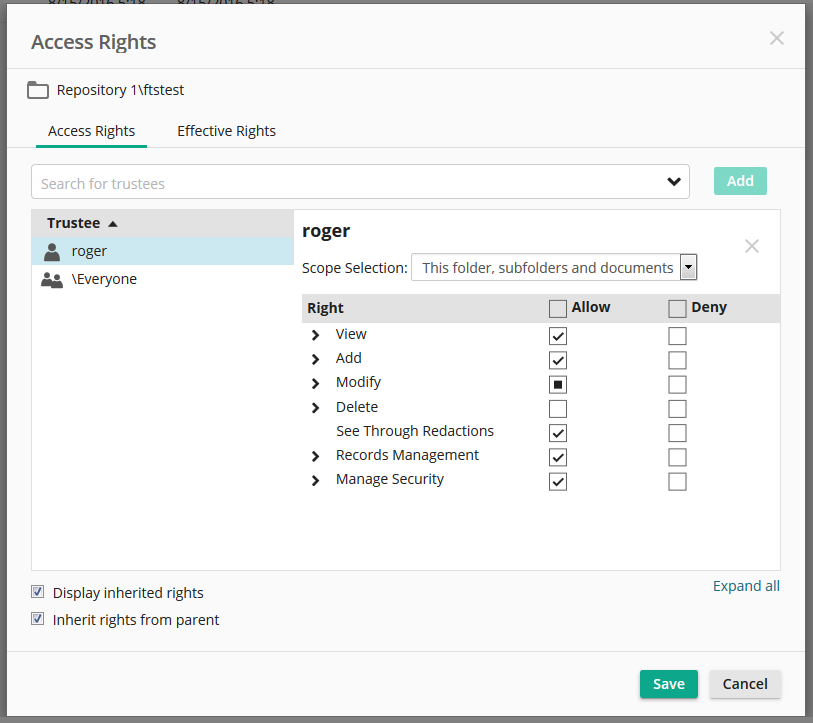 Access Rights dialog