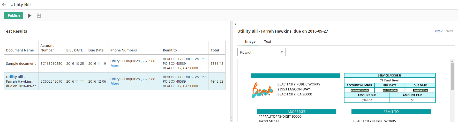 View the data that was captured when running the test. Test Results
