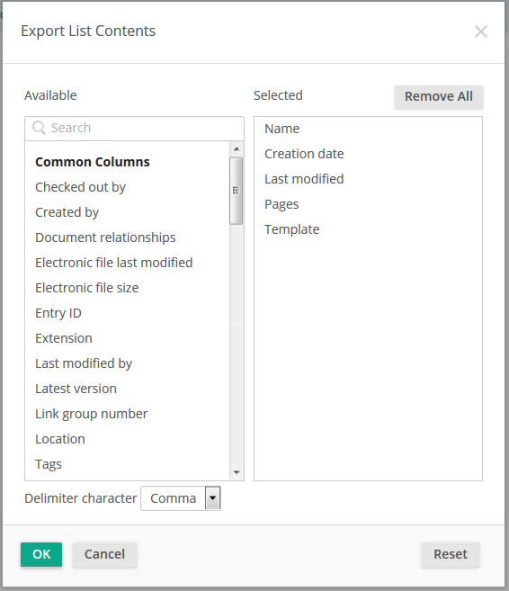Export dialog box