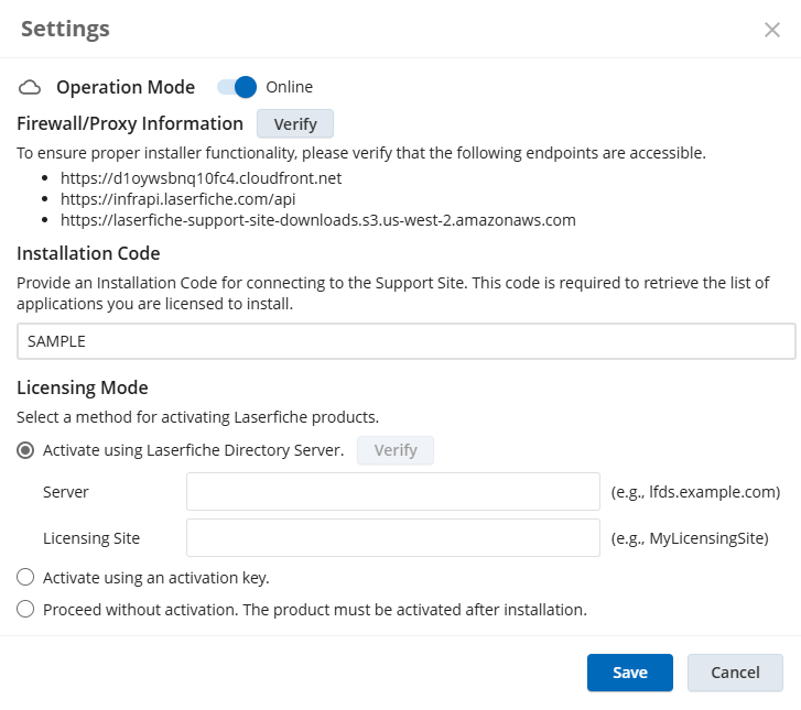 Laserfiche Installer Configuration Dialog Box