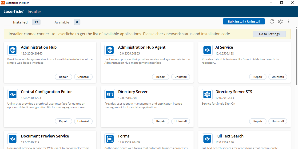 Example list of available applications in the Laserfiche Installer