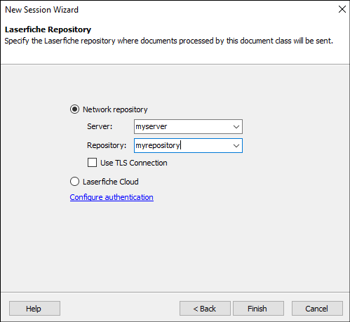 Define the Laserfiche repository where documents processed by the document class will be sent New Session Wizard - Laserfiche Repository