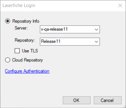 If an administrator changes the account password for the account used to connect to the repository, a Laserfiche Login dialog box will appear when trying to scan Laserfiche repository Login