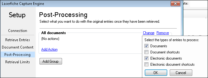 Under Post-Processing in the Laserfiche Capture Engine dialog box, click Add Group. By default, the first group added contain all documents Laserfiche Capture Engine Post-Processing - Add Group