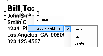 With the document class selected, right-click on the zoom field on the image, hover over Zoom Field, and select Edit or Delete. Hover over Zoom Field, and select Edit or Delete.