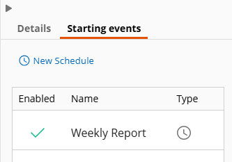 Starting events tab in the details pane for a custom report