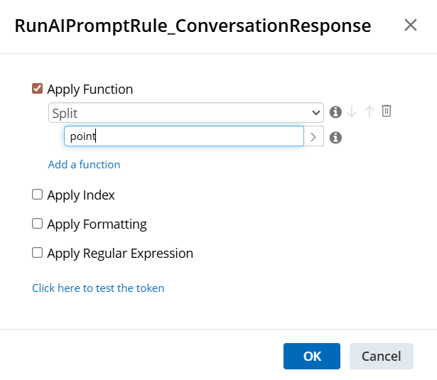 Image: Screen capture of the Token Calculator dialog used to split the response into pieces in a workflow.